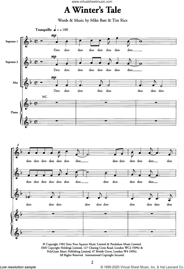 A Winter's Tale sheet music for choir (SSA: soprano, alto) by Tim Rice, Mike Batt and Mike Batt and Tim Rice, intermediate skill level