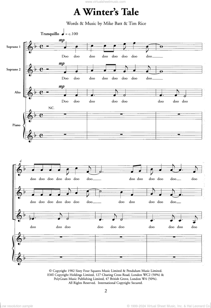 A Winter's Tale sheet music for choir (SSA: soprano, alto) by Tim Rice, Mike Batt and Mike Batt and Tim Rice, intermediate skill level