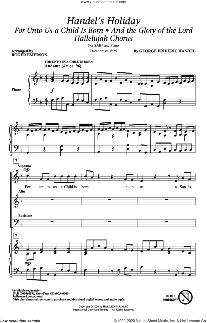 Handel's Holiday (arr. Roger Emerson) sheet music for choir (SAB: soprano, alto, bass) by George Frideric Handel and Roger Emerson, intermediate skill level