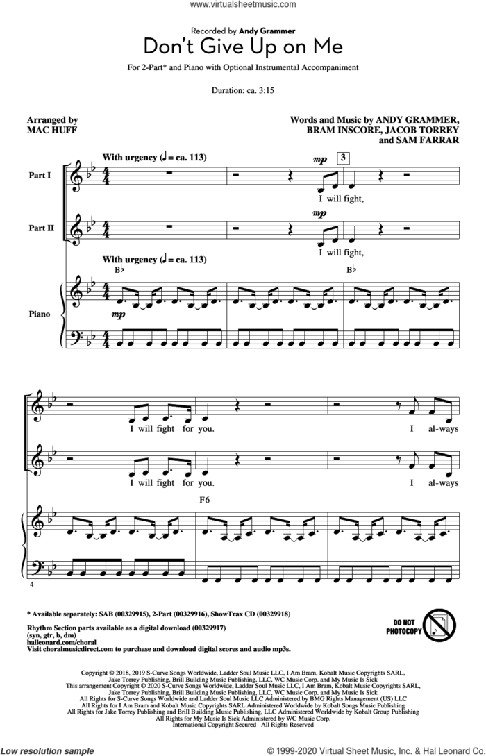 Don't Give Up On Me (arr. Mac Huff) sheet music for choir (2-Part) by Andy Grammer, Mac Huff, Andrew Grammer, Bram Inscore, Jacob Torrey and Sam Farrar, intermediate duet