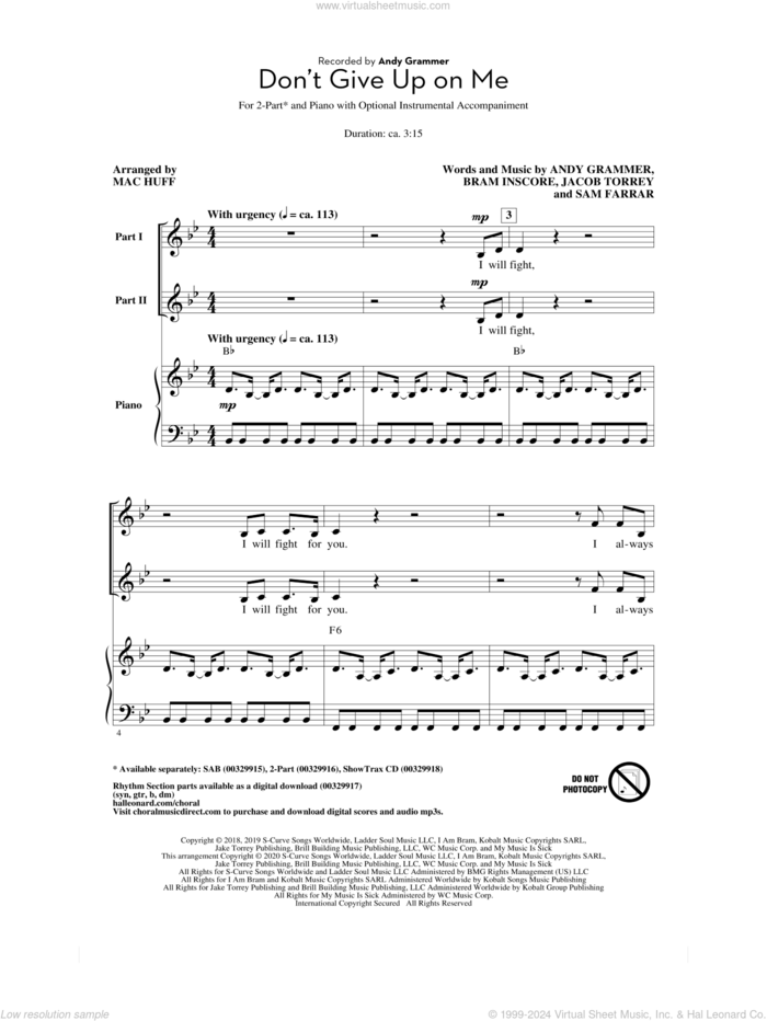 Don't Give Up On Me (arr. Mac Huff) sheet music for choir (2-Part) by Andy Grammer, Mac Huff, Andrew Grammer, Bram Inscore, Jacob Torrey and Sam Farrar, intermediate duet