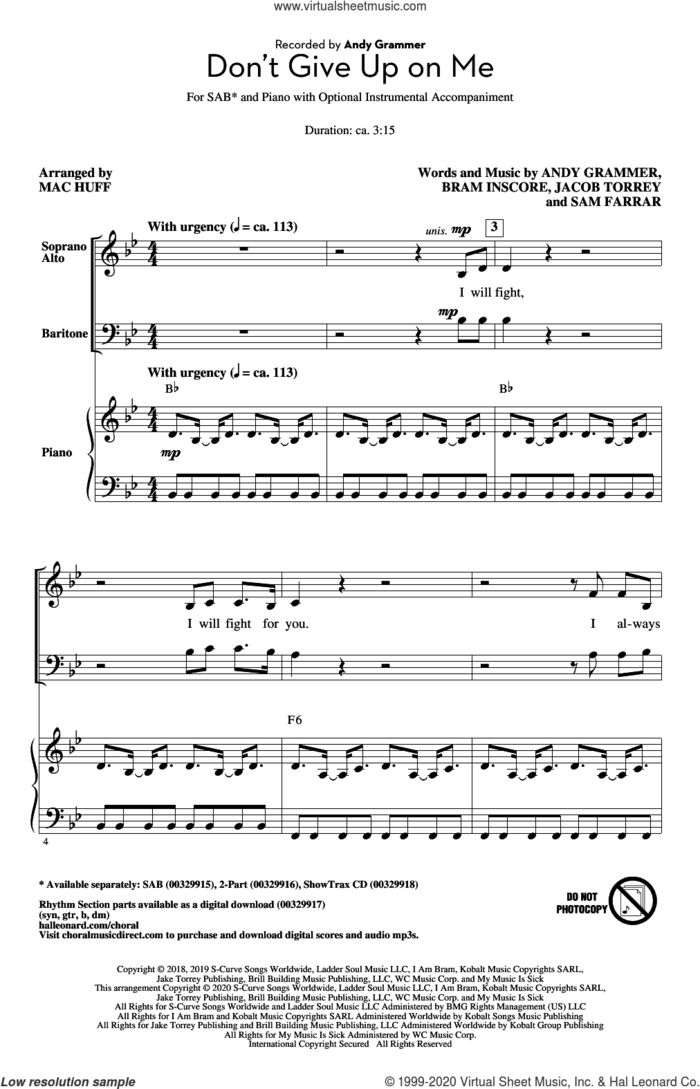 Don't Give Up On Me (arr. Mac Huff) sheet music for choir (SAB: soprano, alto, bass) by Andy Grammer, Mac Huff, Andrew Grammer, Bram Inscore, Jacob Torrey and Sam Farrar, intermediate skill level