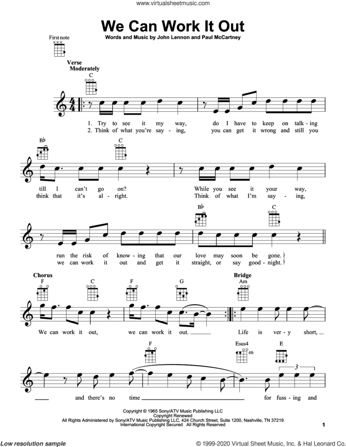 We Can Work It Out sheet music for ukulele by The Beatles, John Lennon and Paul McCartney, intermediate skill level