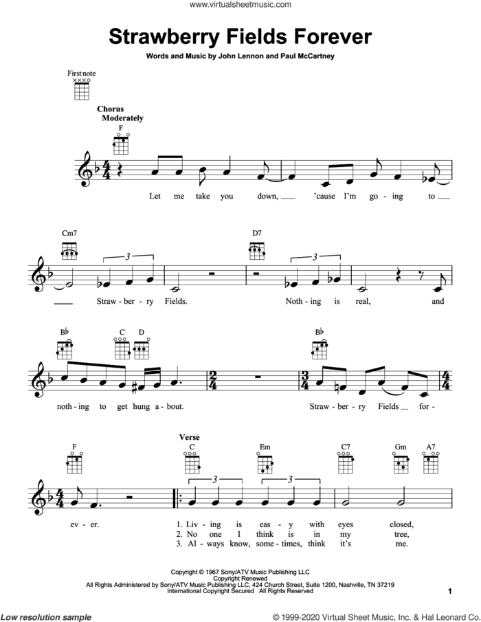 Strawberry Fields Forever sheet music for ukulele by The Beatles, John Lennon and Paul McCartney, intermediate skill level