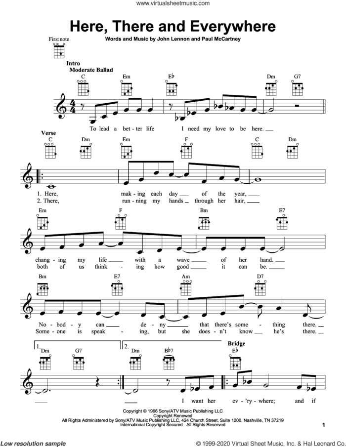 Here, There And Everywhere sheet music for ukulele by The Beatles, John Lennon and Paul McCartney, wedding score, intermediate skill level