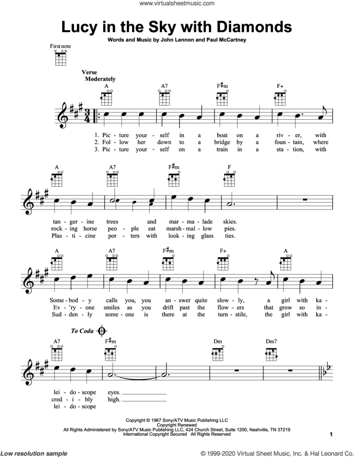 Lucy In The Sky With Diamonds sheet music for ukulele by The Beatles, John Lennon and Paul McCartney, intermediate skill level
