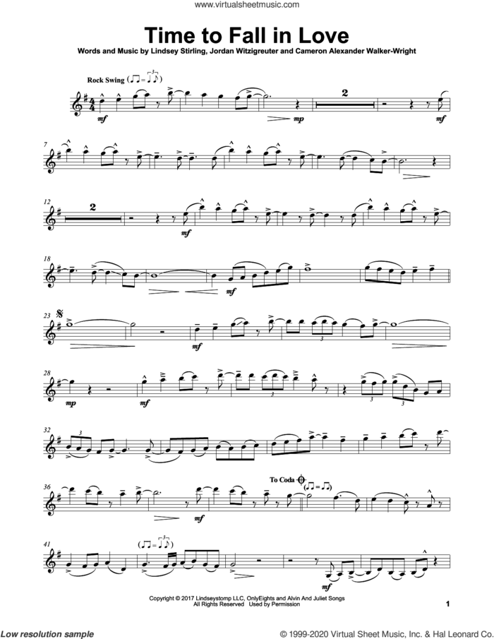 Time To Fall In Love sheet music for violin solo by Lindsey Stirling, Cameron Walker-Wright and Jordan Witzigreuter, intermediate skill level