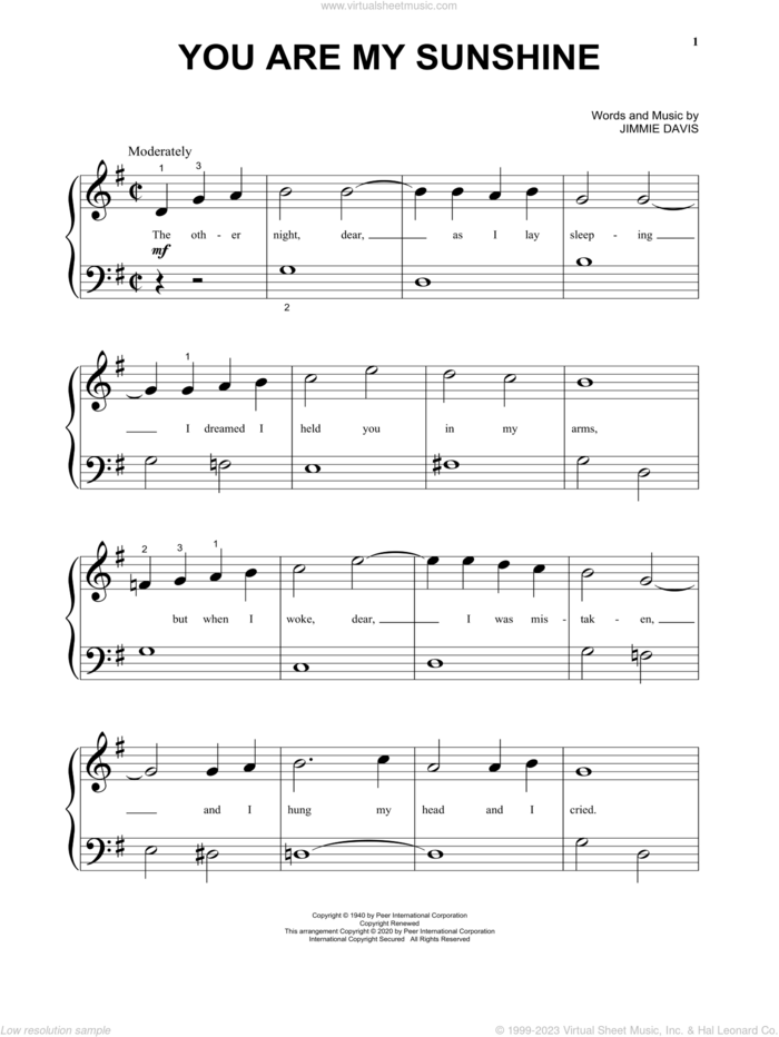 You Are My Sunshine sheet music for piano solo by Jimmie Davis, beginner skill level