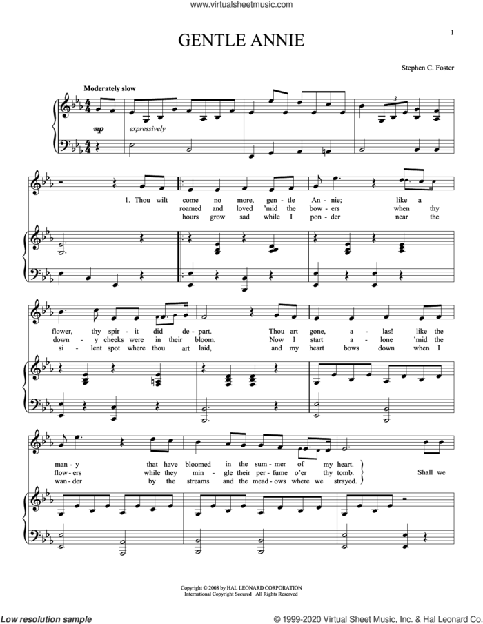 Gentle Annie sheet music for voice and piano (Tenor) by Stephen Foster and Joan Frey Boytim, intermediate skill level
