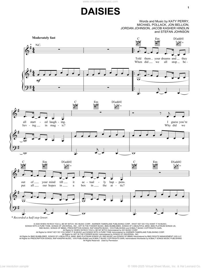 Daisies sheet music for voice, piano or guitar by Katy Perry, Jacob Kasher Hindlin, Jon Bellion, Jordan Johnson, Michael Pollack and Stefan Johnson, intermediate skill level