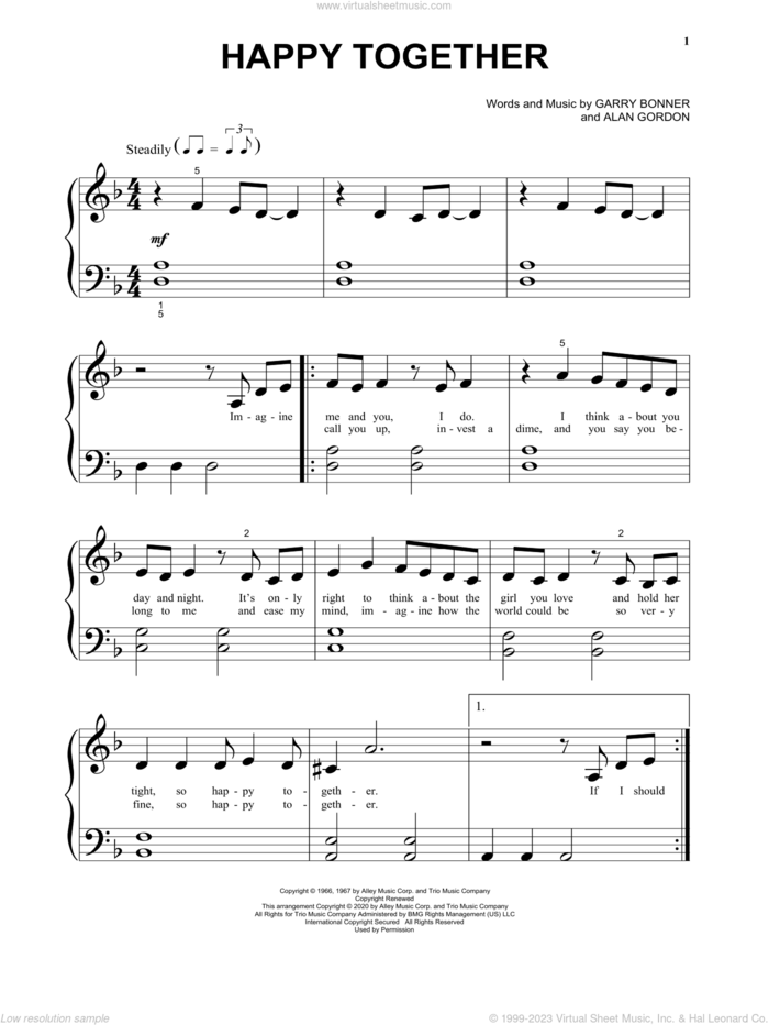 Happy Together sheet music for piano solo by The Turtles, Alan Gordon and Garry Bonner, beginner skill level