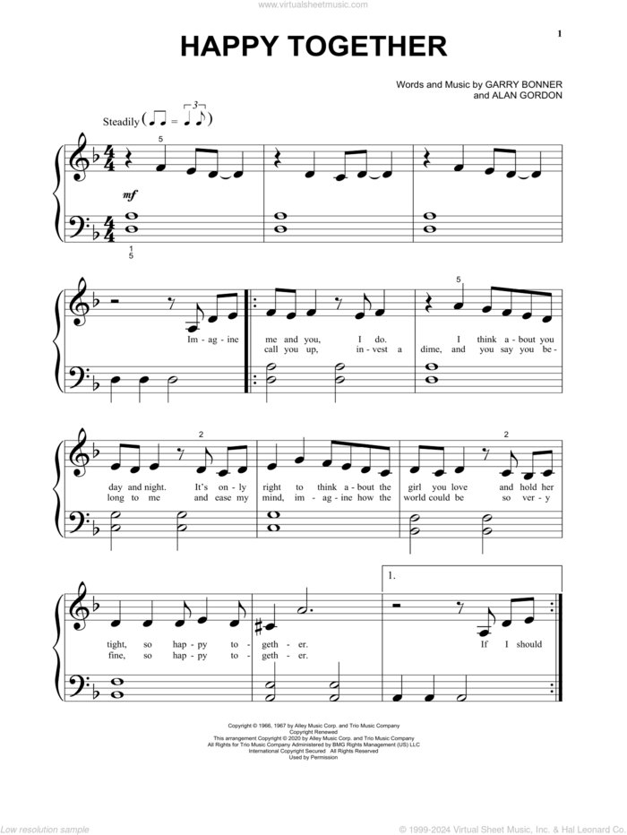 Happy Together, (beginner) sheet music for piano solo by The Turtles, Alan Gordon and Garry Bonner, beginner skill level