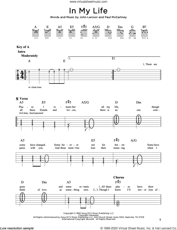 In My Life sheet music for guitar (rhythm tablature) by The Beatles, John Lennon and Paul McCartney, wedding score, intermediate skill level