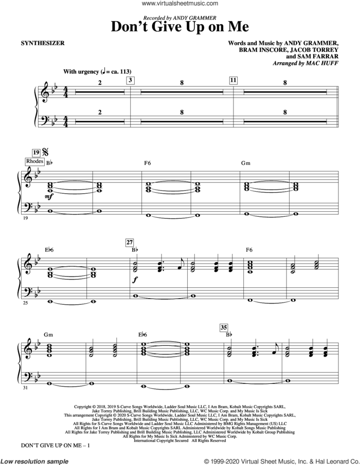 Don't Give Up On Me (arr. Mac Huff) (complete set of parts) sheet music for orchestra/band by Andy Grammer, Andrew Grammer, Bram Inscore, Jacob Torrey, Mac Huff and Sam Farrar, intermediate skill level