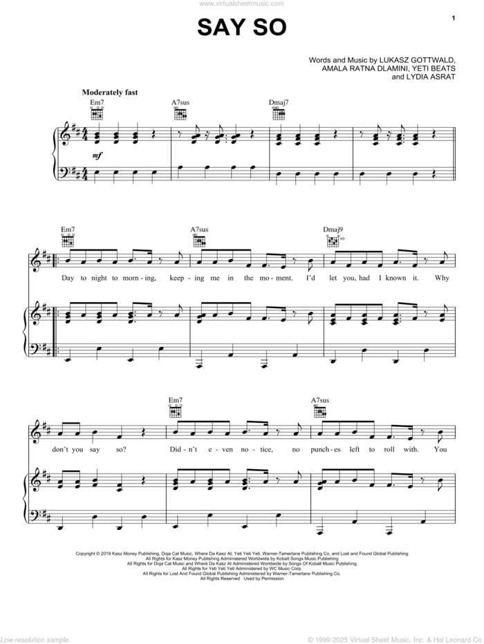 Say So sheet music for voice, piano or guitar by Doja Cat, Amala Ratna Dlamini, Lukasz Gottwald, Lydia Asrat and Yeti Beats, intermediate skill level