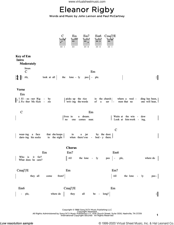 Eleanor Rigby sheet music for guitar (rhythm tablature) by The Beatles, John Lennon and Paul McCartney, intermediate skill level