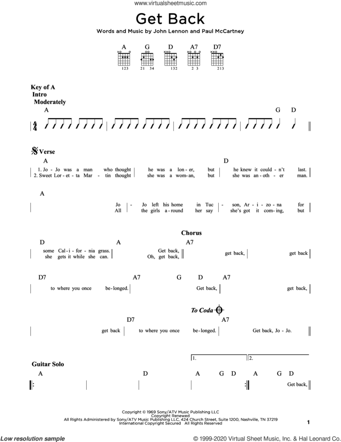 Get Back sheet music for guitar (rhythm tablature) by The Beatles, John Lennon and Paul McCartney, intermediate skill level