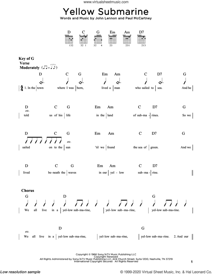Yellow Submarine sheet music for guitar (rhythm tablature) by The Beatles, John Lennon and Paul McCartney, intermediate skill level