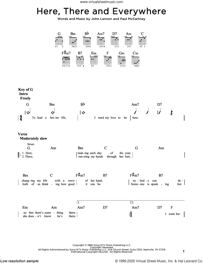 Here, There And Everywhere sheet music for guitar (rhythm tablature) by The Beatles, John Lennon and Paul McCartney, wedding score, intermediate skill level
