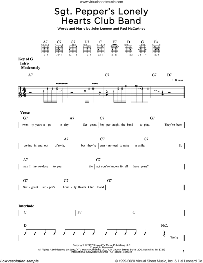 Sgt. Pepper's Lonely Hearts Club Band sheet music for guitar (rhythm tablature) by The Beatles, John Lennon and Paul McCartney, intermediate skill level