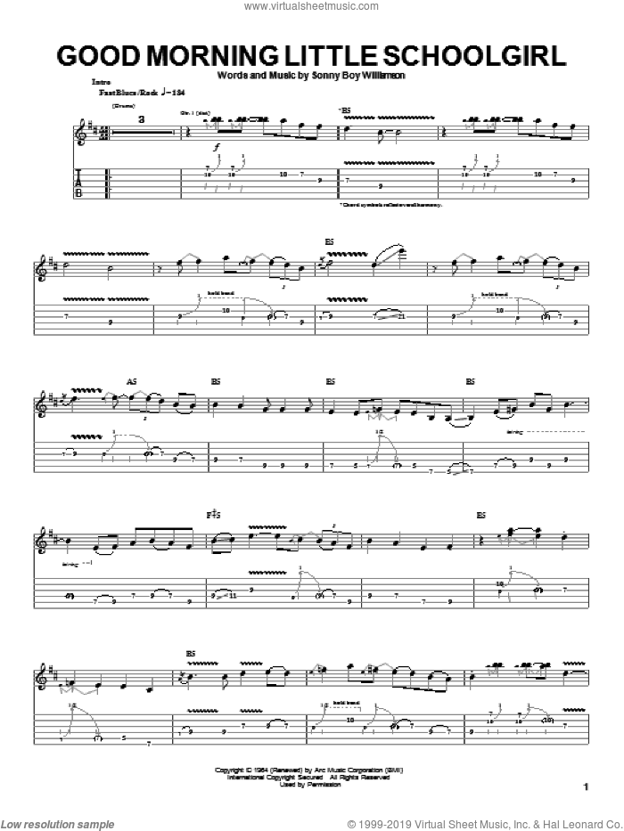 Good Morning Little Schoolgirl sheet music for guitar (tablature) by Johnny Winter, Eric Clapton, Ten Years After and Sonny Boy Williamson, intermediate skill level