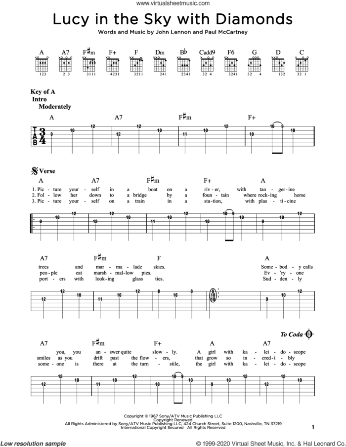 Lucy In The Sky With Diamonds sheet music for guitar (rhythm tablature) by The Beatles, John Lennon and Paul McCartney, intermediate skill level