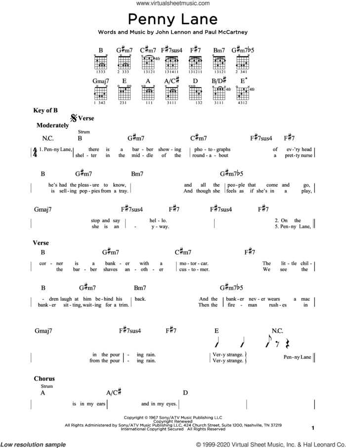 Penny Lane sheet music for guitar (rhythm tablature) by The Beatles, John Lennon and Paul McCartney, intermediate skill level