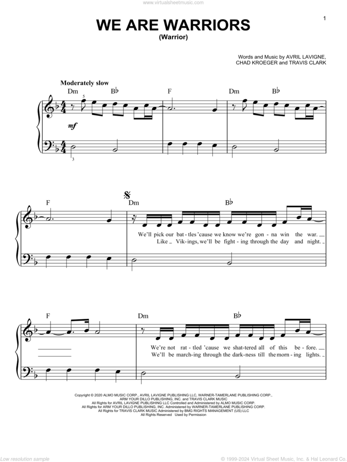 We Are Warriors (Warrior), (easy) sheet music for piano solo by Avril Lavigne, Chad Kroeger and Travis Clark, easy skill level