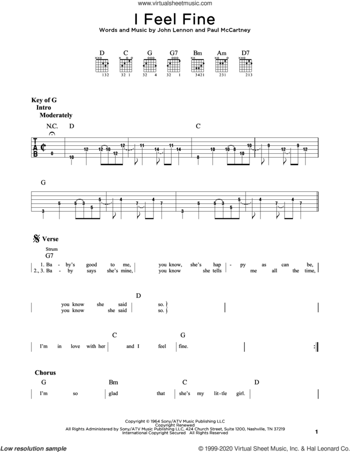 I Feel Fine sheet music for guitar (rhythm tablature) by The Beatles, John Lennon and Paul McCartney, intermediate skill level