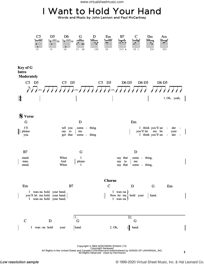 I Want To Hold Your Hand sheet music for guitar (rhythm tablature) by The Beatles, John Lennon and Paul McCartney, intermediate skill level