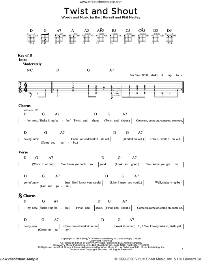 Twist And Shout sheet music for guitar (rhythm tablature) by The Beatles, Bert Russell and Phil Medley, intermediate skill level