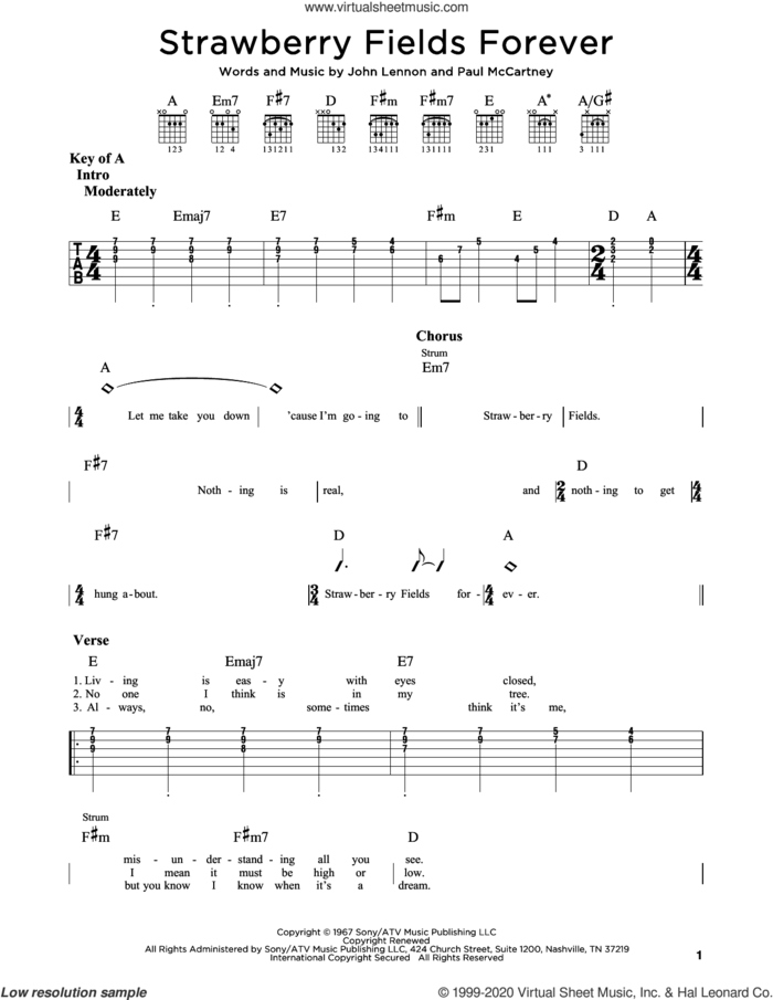 Strawberry Fields Forever sheet music for guitar (rhythm tablature) by The Beatles, John Lennon and Paul McCartney, intermediate skill level