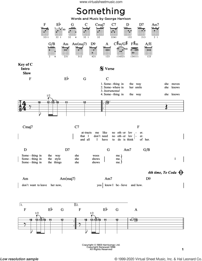 Something sheet music for guitar (rhythm tablature) by The Beatles and George Harrison, intermediate skill level