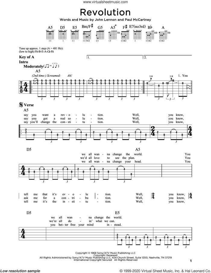Revolution sheet music for guitar (rhythm tablature) by The Beatles, John Lennon and Paul McCartney, intermediate skill level