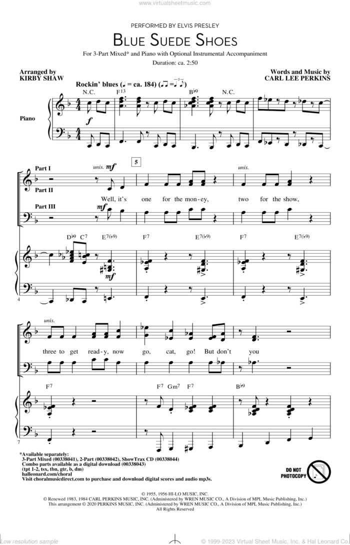 Blue Suede Shoes (arr. Kirby Shaw) sheet music for choir (3-Part Mixed) by Elvis Presley, Kirby Shaw and Carl Perkins, intermediate skill level