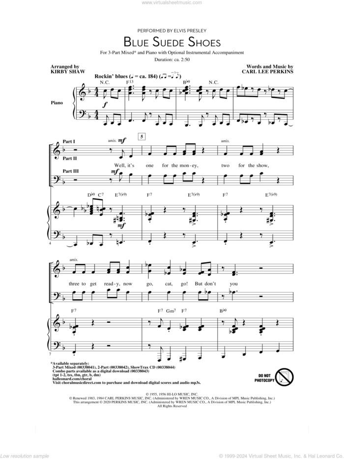 Blue Suede Shoes (arr. Kirby Shaw) sheet music for choir (3-Part Mixed) by Elvis Presley, Kirby Shaw and Carl Perkins, intermediate skill level