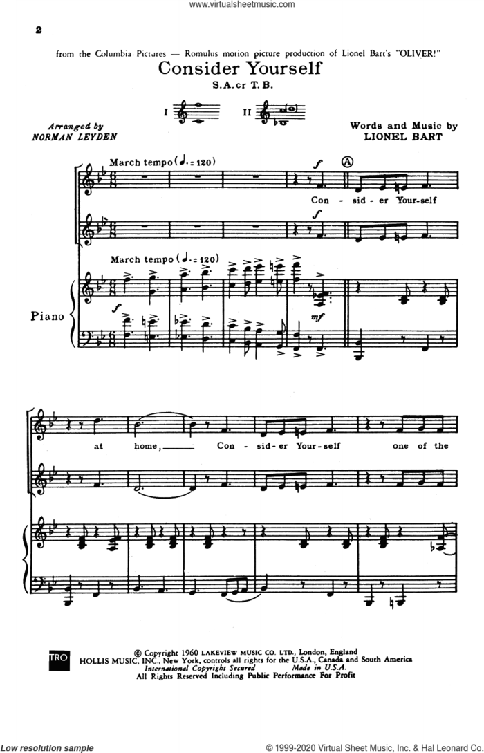 Consider Yourself (from Oliver!) (arr. Norman Leyden) sheet music for choir (2-Part) by Lionel Bart and Norman Leyden, intermediate duet