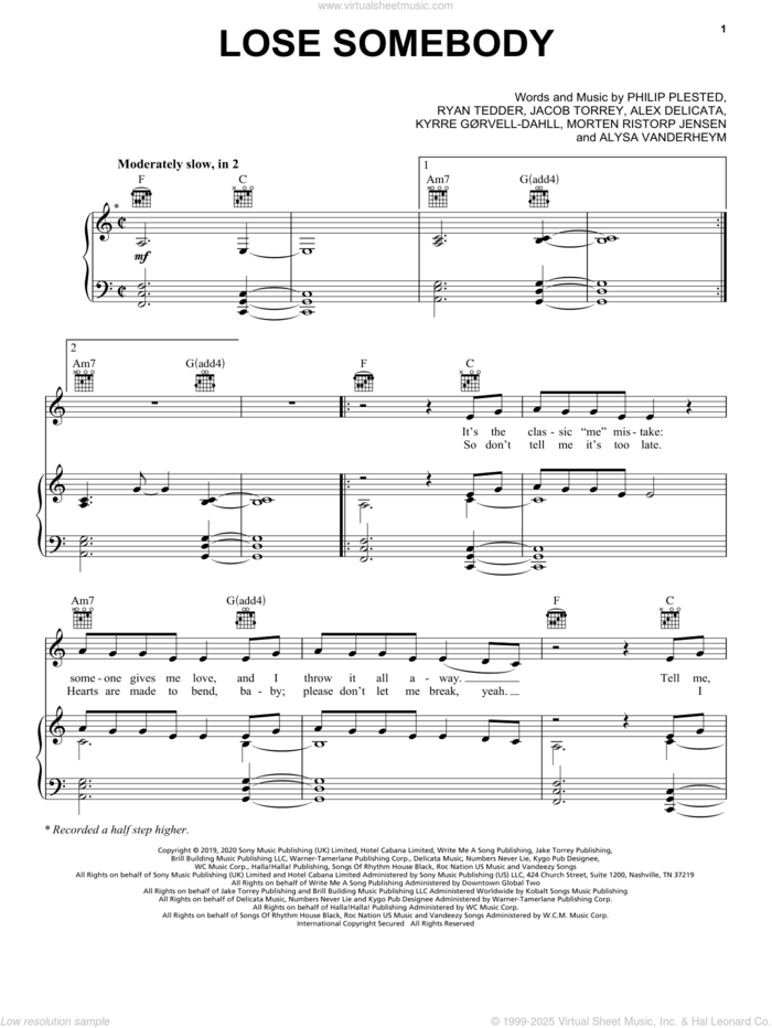 Lose Somebody sheet music for voice, piano or guitar by Kygo & OneRepublic, Alex Delicata, Alyse Vanderhymn, Jacob Torrey, Kyrre Gorvell-Dahll, Morten Ristorp, Philip Plested and Ryan Tedder, intermediate skill level