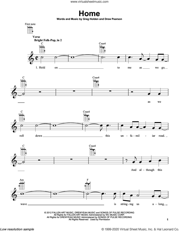 Home sheet music for ukulele by Phillip Phillips, Drew Pearson and Greg Holden, intermediate skill level