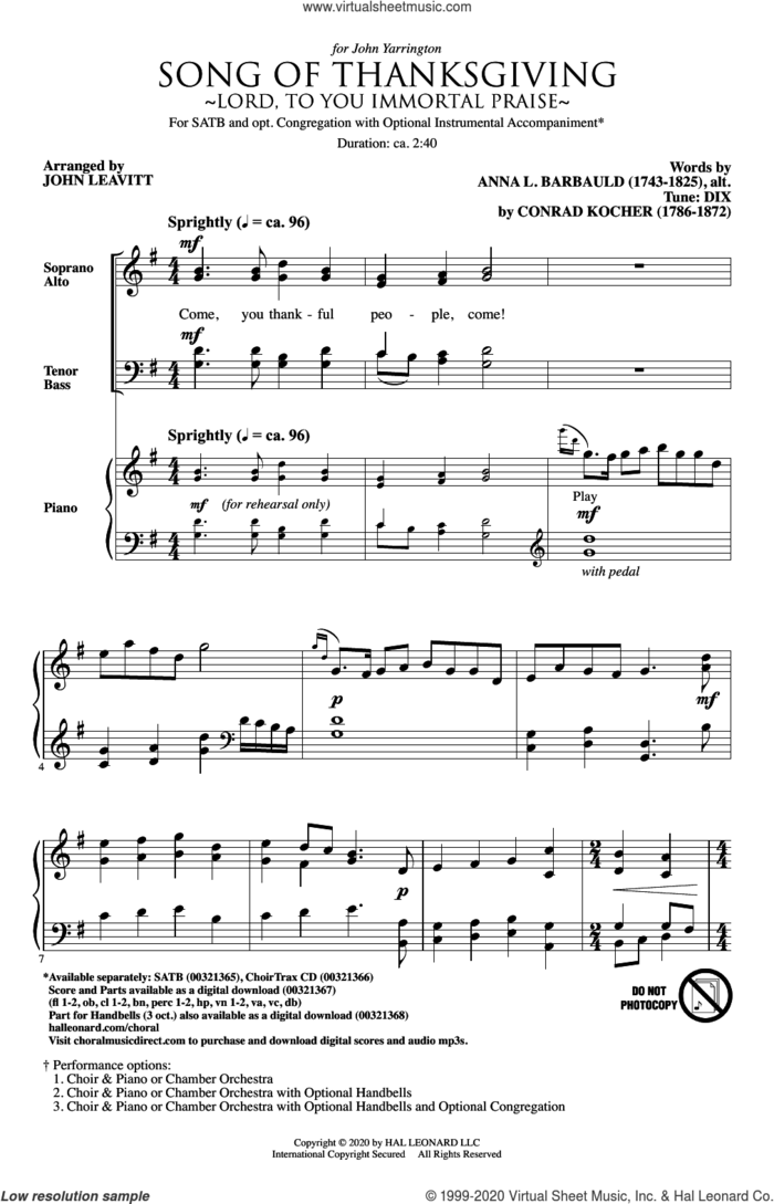 Song Of Thanksgiving (Lord, to You Immortal Praise) (arr. John Leavitt) sheet music for choir (SATB: soprano, alto, tenor, bass) by Conrad Kocher, John Leavitt and Anna L. Barbauld, intermediate skill level