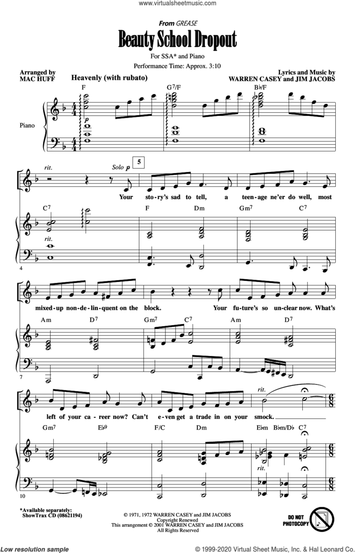Beauty School Dropout (from Grease) (arr. Mac Huff) sheet music for choir (SSA: soprano, alto) by Jim Jacobs, Mac Huff and Warren Casey, intermediate skill level