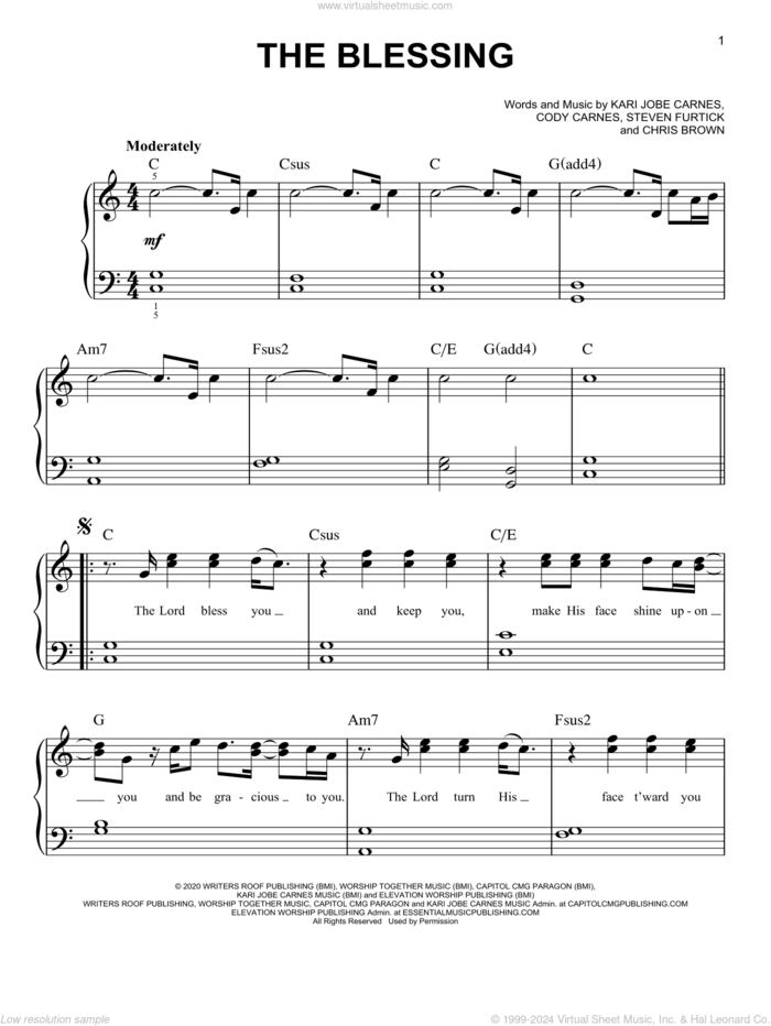 The Blessing sheet music for piano solo by Kari Jobe, Cody Carnes & Elevation Worship, Chris Brown, Cody Carnes, Kari Jobe Carnes and Steven Furtick, easy skill level