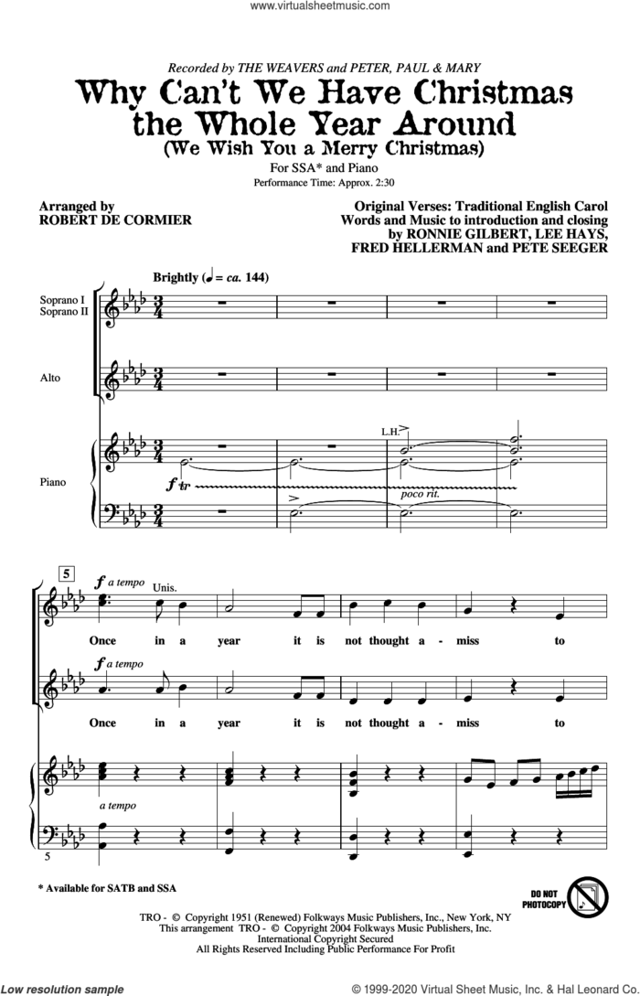Why Can't We Have Christmas The Whole Year Around (We Wish You A Merry Christmas) sheet music for choir (SSA: soprano, alto) by The Weavers, Robert De Cormier, Fred Hellerman, Lee Hays, Pete Seeger and Ronnie Gilbert, intermediate skill level