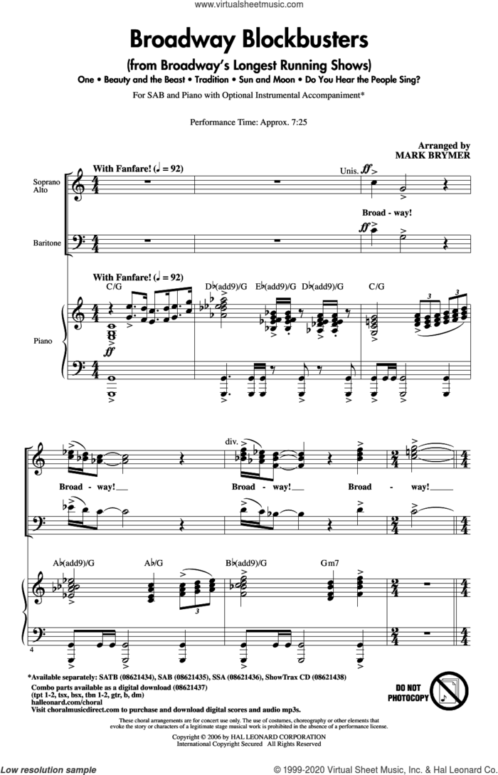 Broadway Blockbusters (from Broadway's Longest Running Shows) sheet music for choir (SAB: soprano, alto, bass) by Mark Brymer, wedding score, intermediate skill level