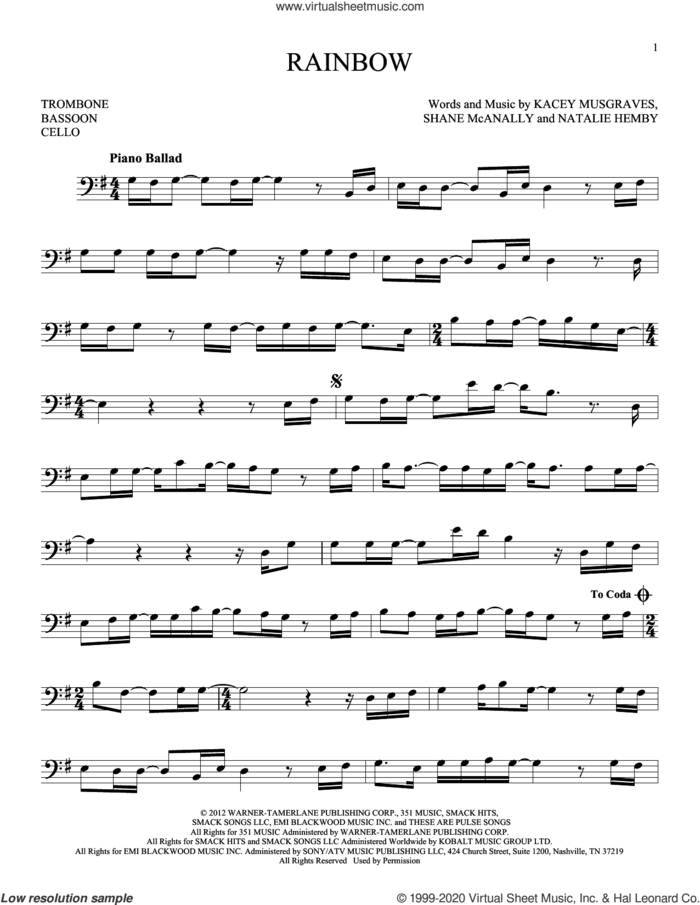 Rainbow sheet music for Solo Instrument (bass clef) by Kacey Musgraves, Natalie Hemby and Shane McAnally, intermediate skill level