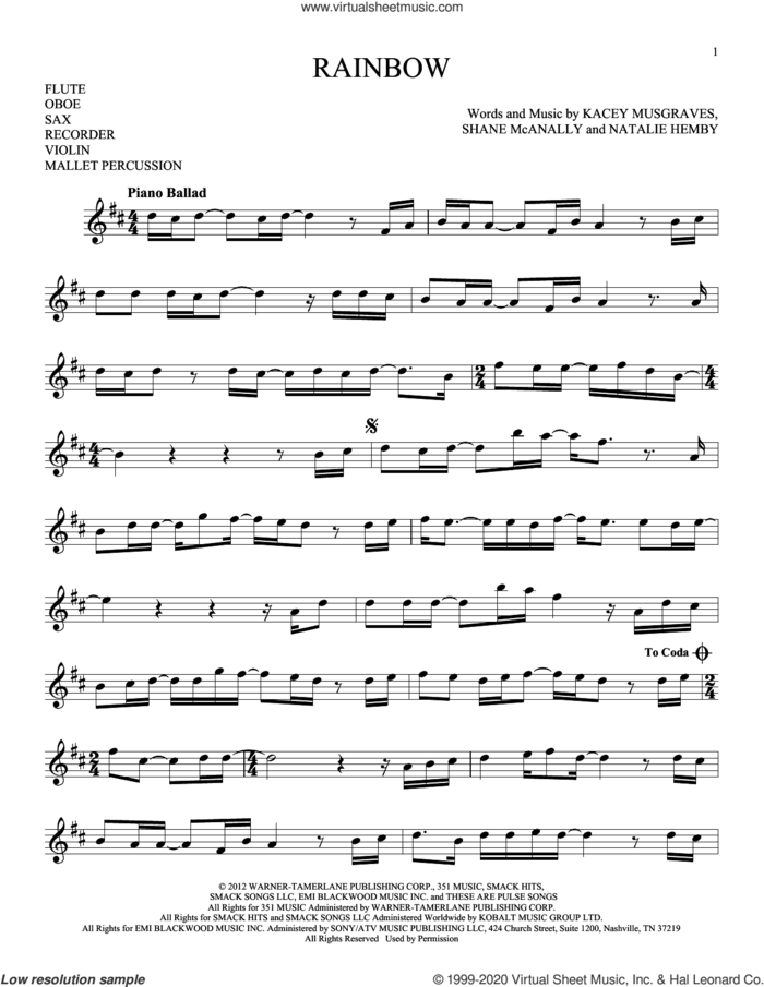 Rainbow sheet music for Solo Instrument (treble clef high) by Kacey Musgraves, Natalie Hemby and Shane McAnally, intermediate skill level