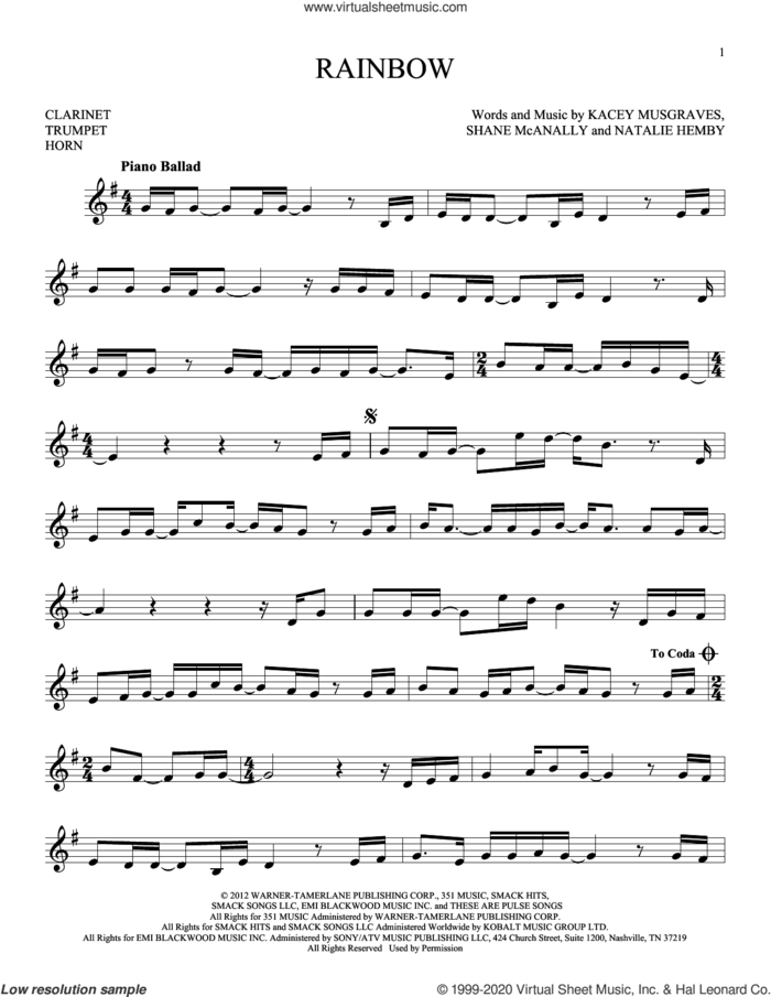 Rainbow sheet music for Solo Instrument (treble clef low) by Kacey Musgraves, Natalie Hemby and Shane McAnally, intermediate skill level