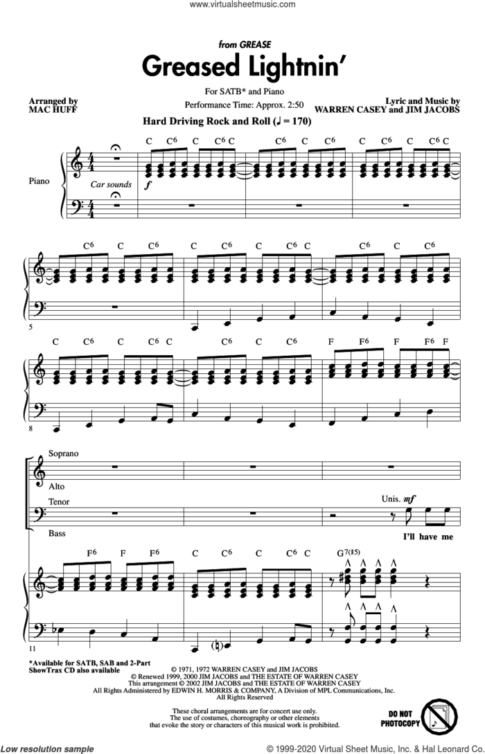 Greased Lightnin' (from Grease) (arr. Mac Huff) sheet music for choir (SATB: soprano, alto, tenor, bass) by Jim Jacobs, Mac Huff, Warren Casey and Warren Casey and Jim Jacobs, intermediate skill level