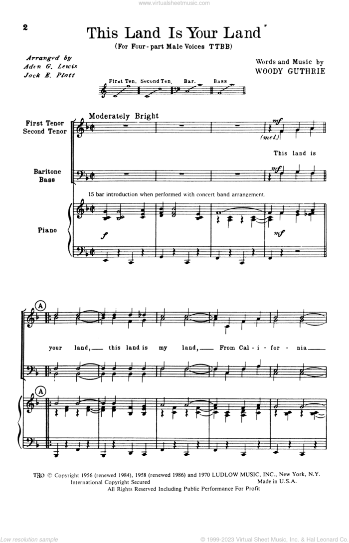 This Land Is Your Land (arr. Aden G. Lewis and Jack E. Platt) sheet music for choir (TTBB: tenor, bass) by Woody Guthrie, Aden G. Lewis and Jack E. Platt, intermediate skill level