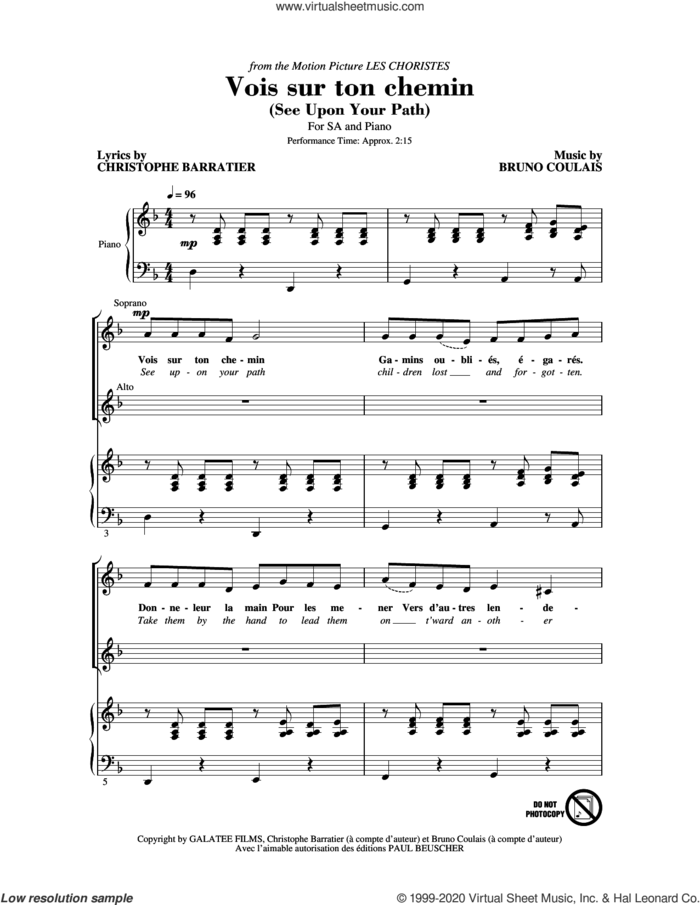 Vois sur ton chemin (See Upon Your Path) (from Les Choristes) sheet music for choir (2-Part) by Christophe Barratier and Bruno Coulais, Christophe Barratier and Bruno Coulais, intermediate duet